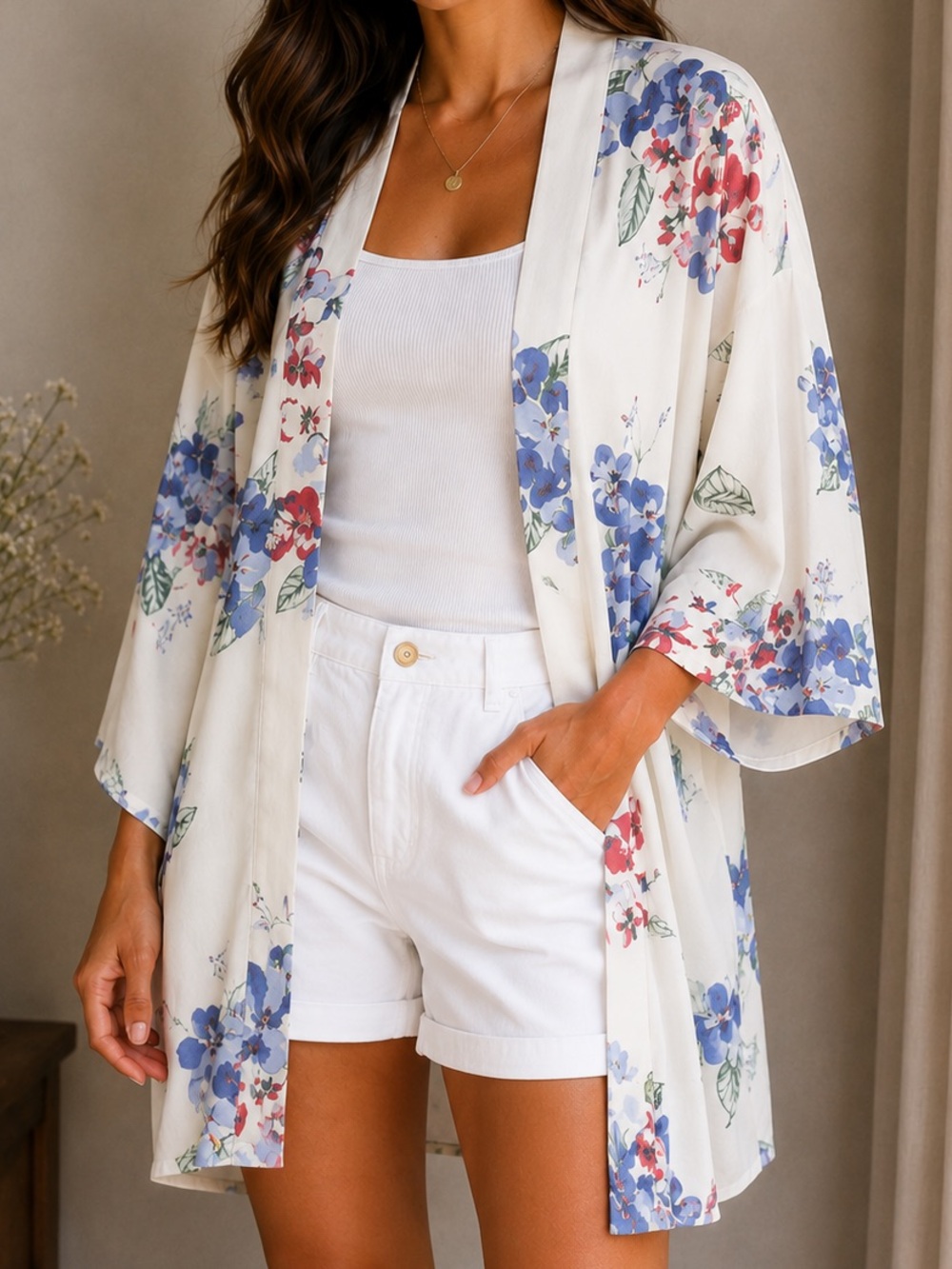 Violet & Claire  Open Front Kimono White floral large